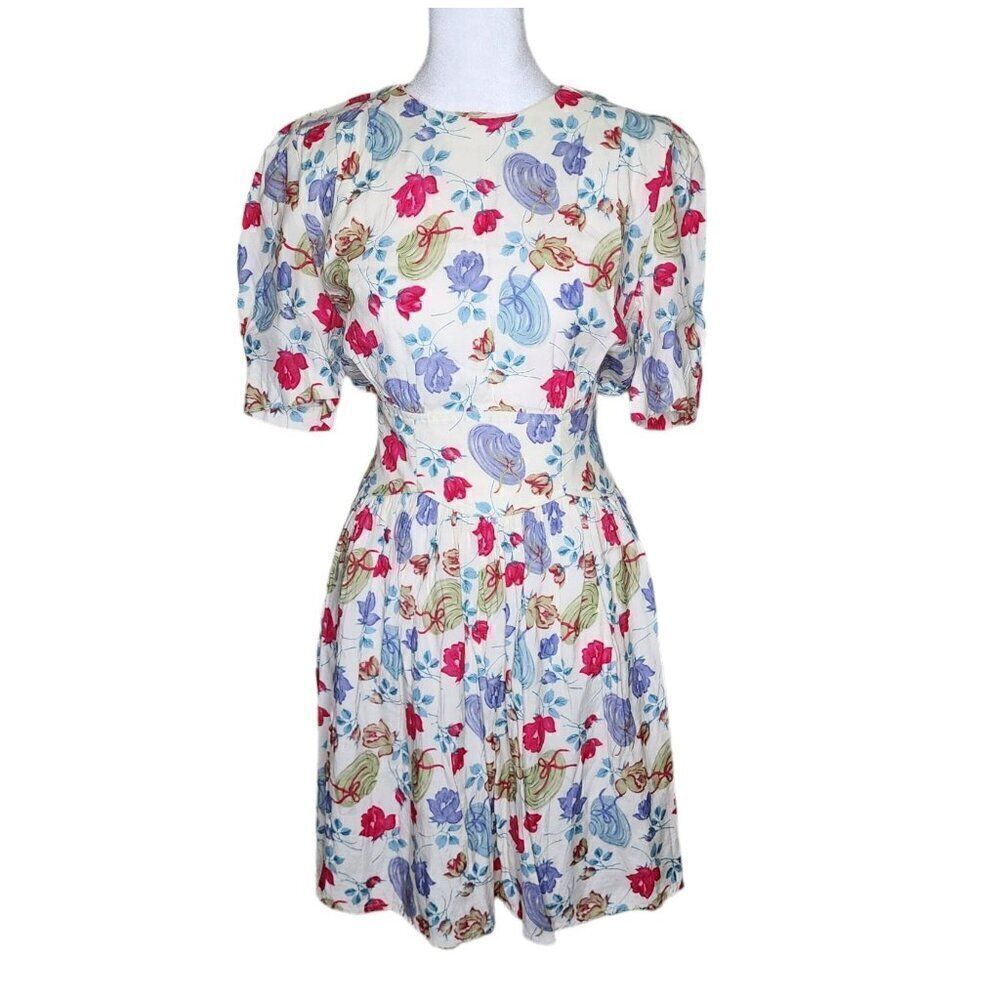 Vintage 90s Half Sleeve Romper Dress Womens Size 6 White Floral Spring Hats
